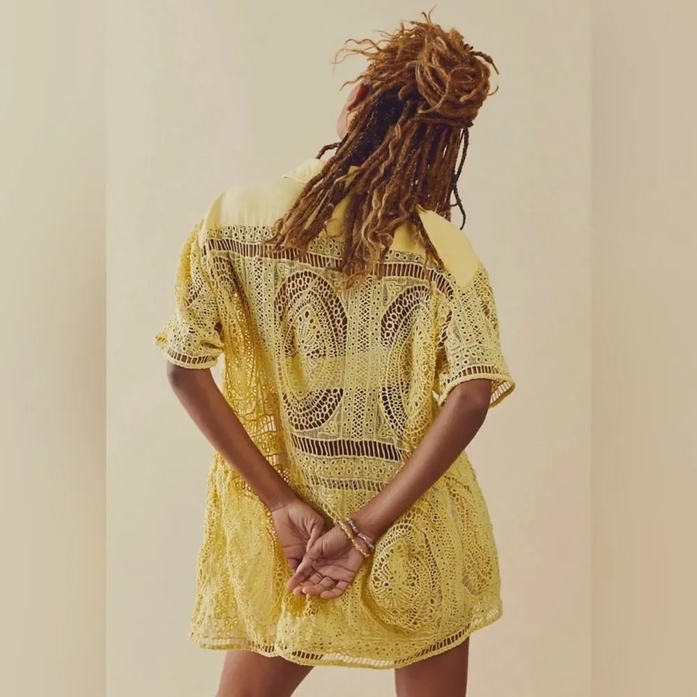 Free People all things sweet crochet button down top XS NWT yellow plum